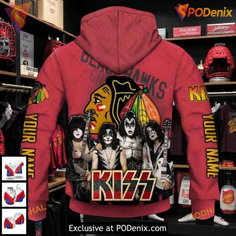 Personalized Blackhawks All Over Print Hoodie With KISS Band Tribute NHL Style - 2