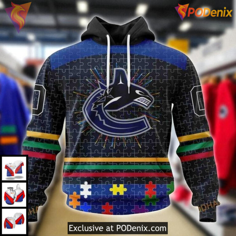 Personalized Canucks All Over Print Hoodie, Vancouver Canucks Hoodie 3D Autism Puzzle Design