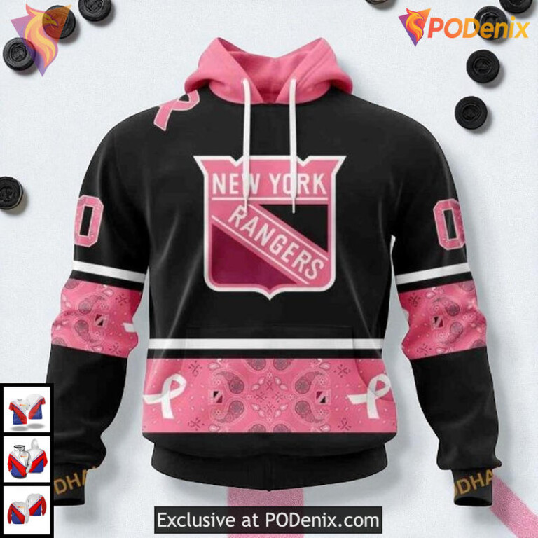 Pink Breast Cancer Awareness Gear Shown In New York Rangers Graphic Hoodie 3D
