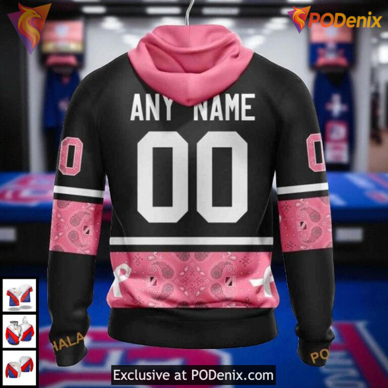 Pink Breast Cancer Awareness Gear Shown In New York Rangers Graphic Hoodie 3D - 1
