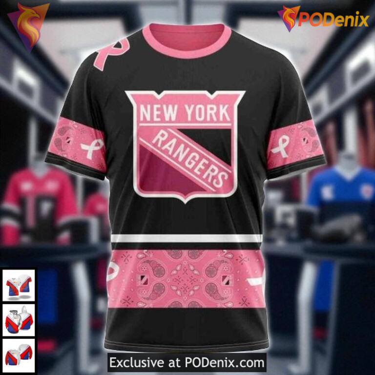 Pink Breast Cancer Awareness Gear Shown In New York Rangers Graphic Hoodie 3D - 2