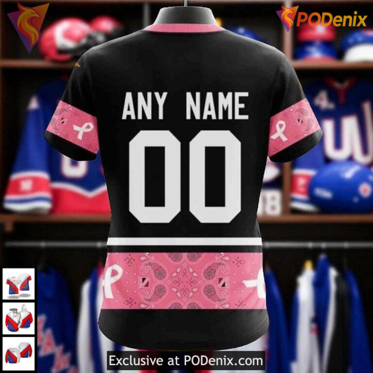 Pink Breast Cancer Awareness Gear Shown In New York Rangers Graphic Hoodie 3D - 3