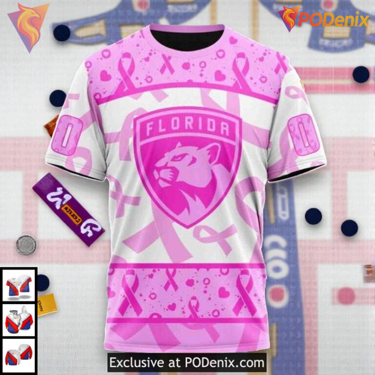 Pink October Awareness Month Custom Florida Panthers Kids Hoodie NHL 3D - 2