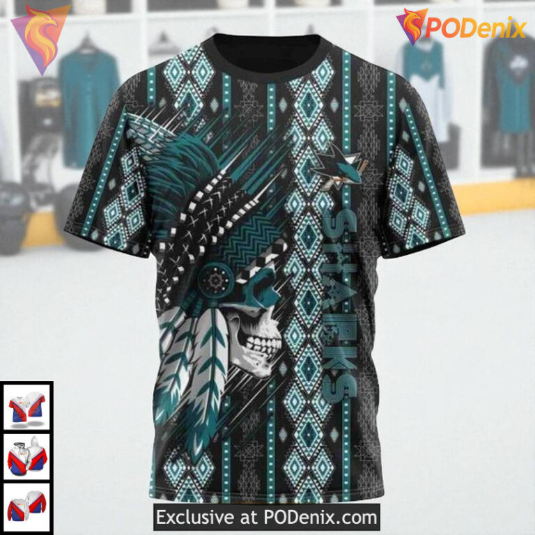 Skull Native Pattern Graphic Custom San Jose Sharks Zip Up Hoodie NHL 3D - 2