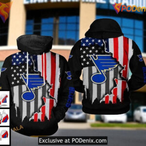 St Louis Blues 3D Hoodie With American Flag Graphic Cool NHL Team Apparel