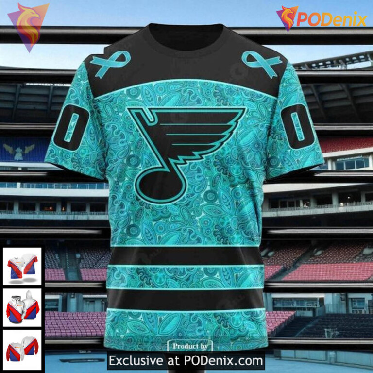 St Louis Blues Hoodie 3D Custom NHL Teal Ribbon Ovarian Cancer Awareness - 2