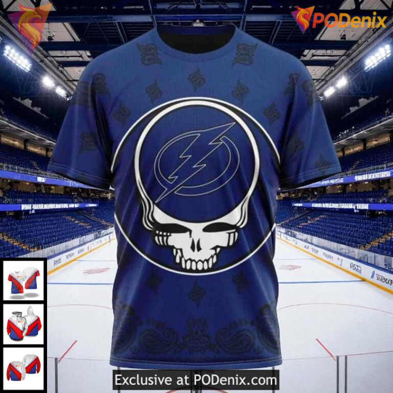 Tampa Bay Lightning All Over Print Hoodie Grateful Dead Skull NHL Style - 2