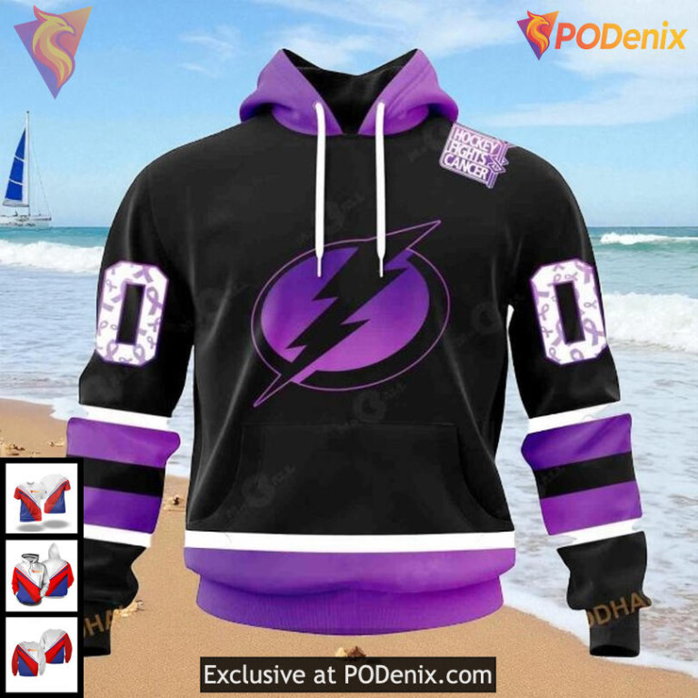 Tampa Bay Lightning Pullover Hoodie NHL Black Purple Hockey Fights Cancer 3D