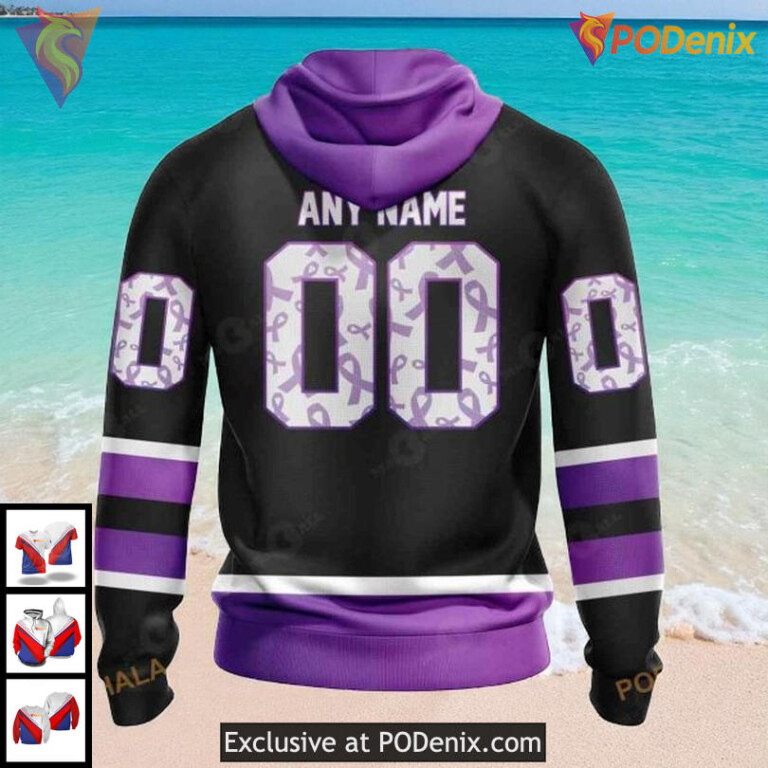 Tampa Bay Lightning Pullover Hoodie NHL Black Purple Hockey Fights Cancer 3D - 1