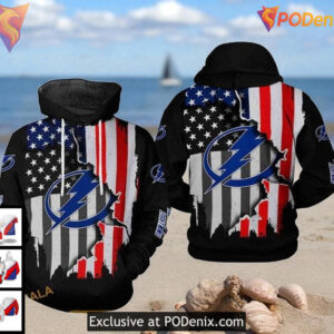 Tampa Bay Lightning Pullover Hoodie, NHL US Flag Graphic 3D Design