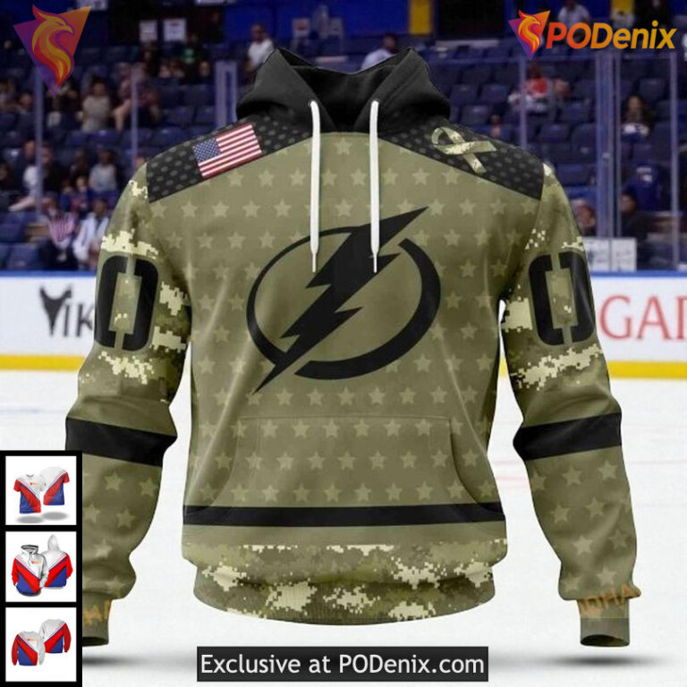 Tampa Bay Lightning Zip Up Hoodie Camo NHL Military Tribute Design Custom