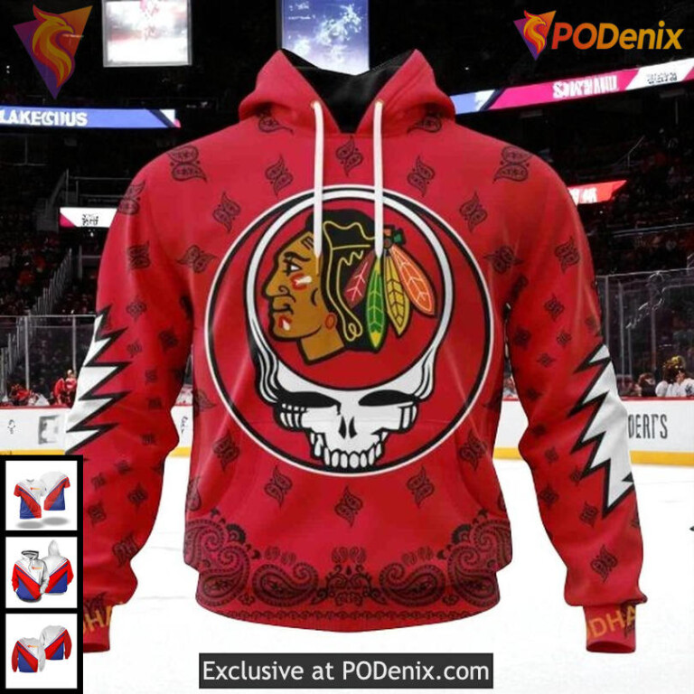 Unisex Chicago Blackhawks All Over Print Hoodie Grateful Dead Skull Design NHL 3D
