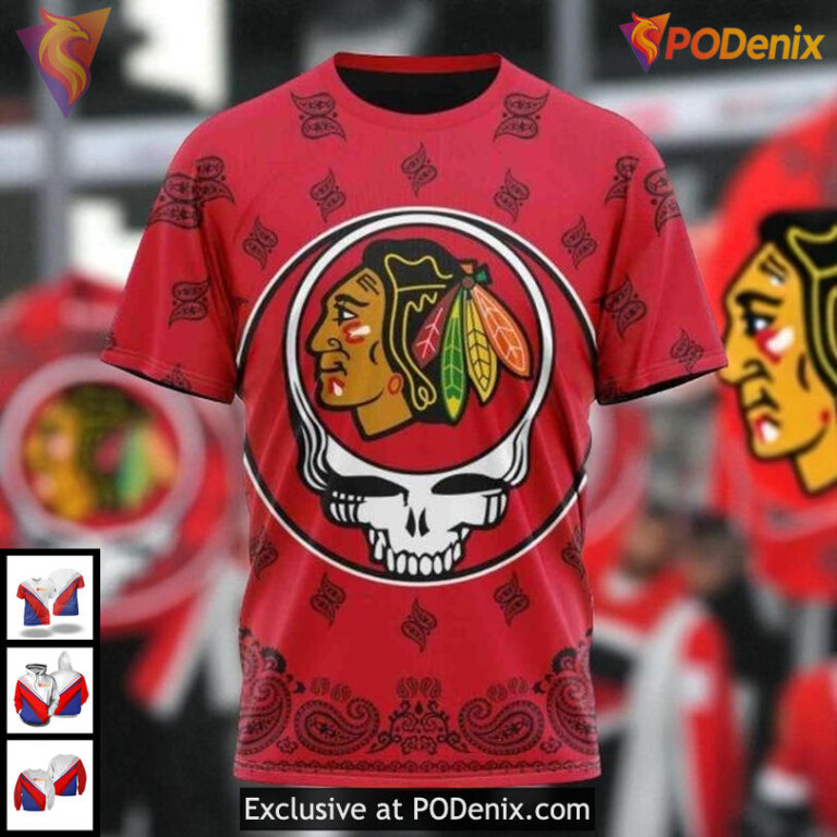 Unisex Chicago Blackhawks All Over Print Hoodie Grateful Dead Skull Design NHL 3D - 2