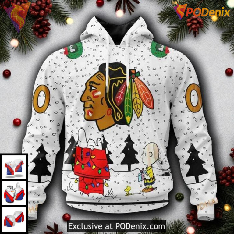 Unisex Chicago Blackhawks All Over Print Hoodie Peanuts Snoopy Christmas Design