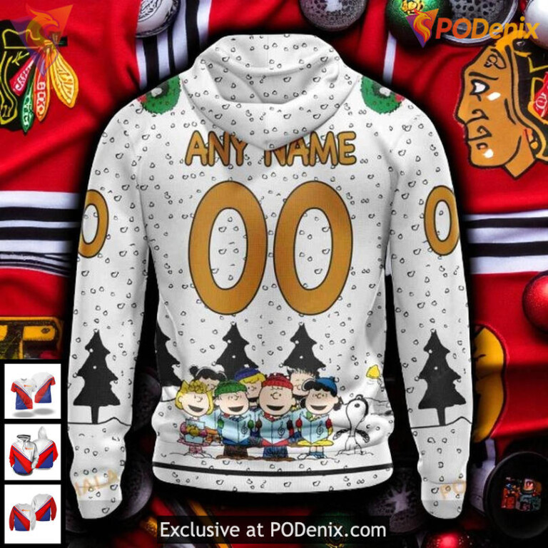 Unisex Chicago Blackhawks All Over Print Hoodie Peanuts Snoopy Christmas Design - 1