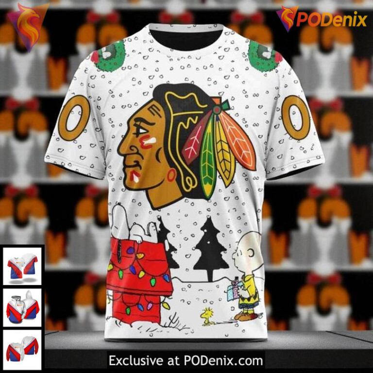 Unisex Chicago Blackhawks All Over Print Hoodie Peanuts Snoopy Christmas Design - 2