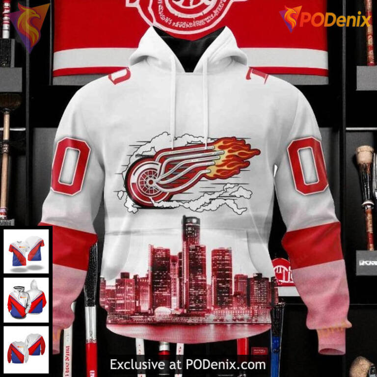 Unisex Detroit Red Wings 3D Hoodie Motor City Skyline Custom NHL Design