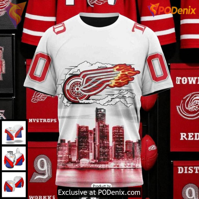 Unisex Detroit Red Wings 3D Hoodie Motor City Skyline Custom NHL Design - 2