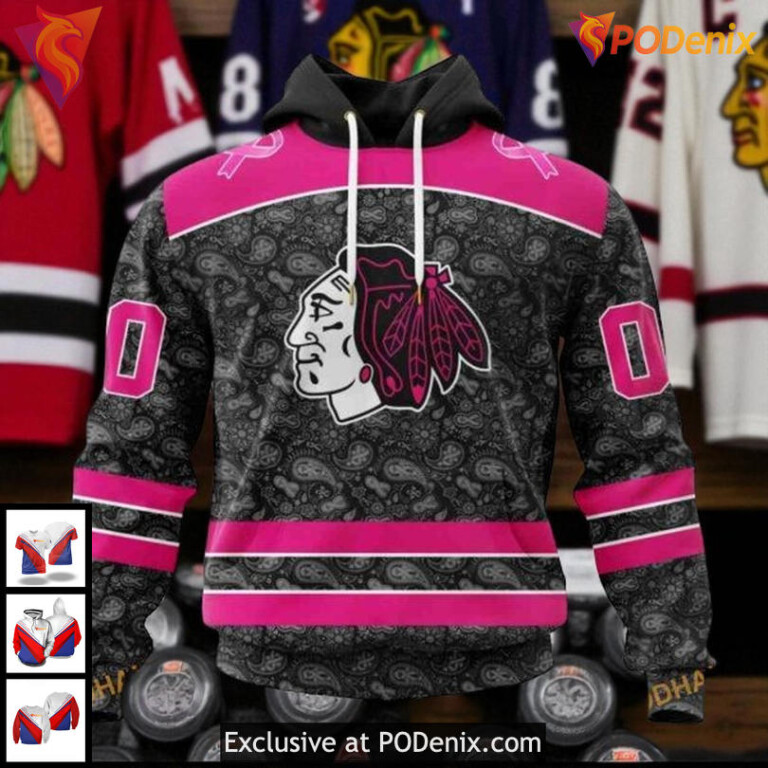 Womens Blackhawks Personalized Hoodie Breast Cancer Awareness NHL Blackhawks All Over Print