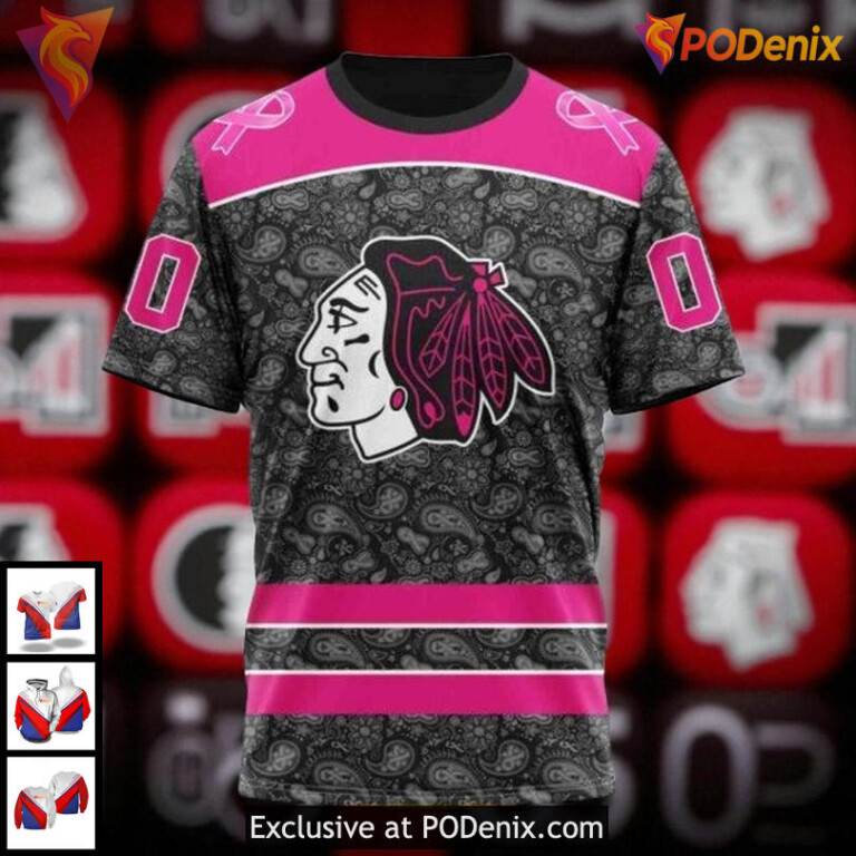 Womens Blackhawks Personalized Hoodie Breast Cancer Awareness NHL Blackhawks All Over Print - 2