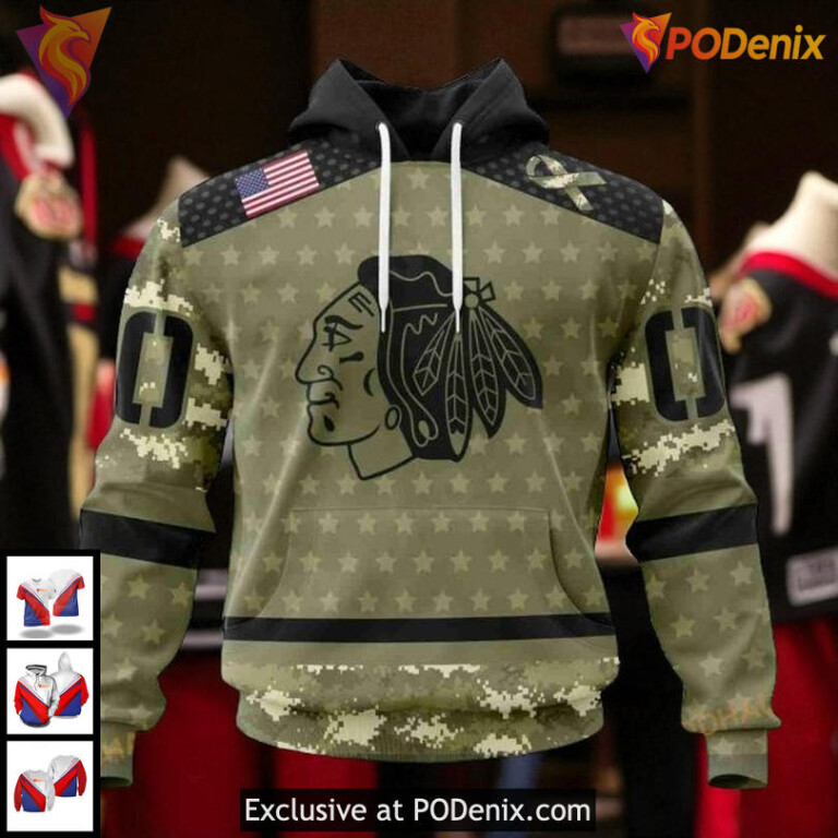Womens Blackhawks Personalized Hoodie Camo Military NHL Chicago Blackhawks 3D