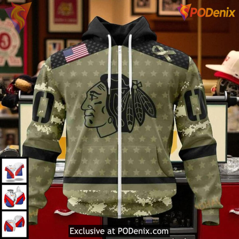 Womens Blackhawks Personalized Hoodie Camo Military NHL Chicago Blackhawks 3D - 1