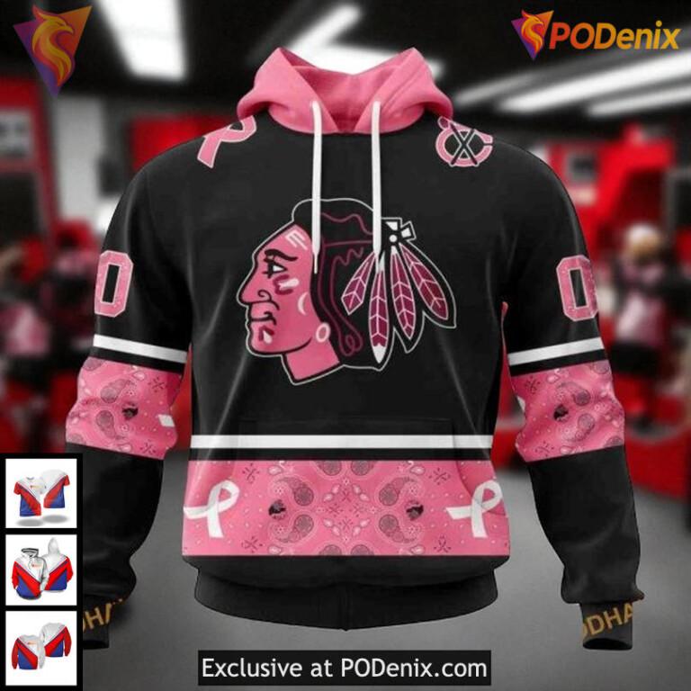 Womens Blackhawks Personalized Hoodie Classic Breast Cancer Awareness NHL 3D