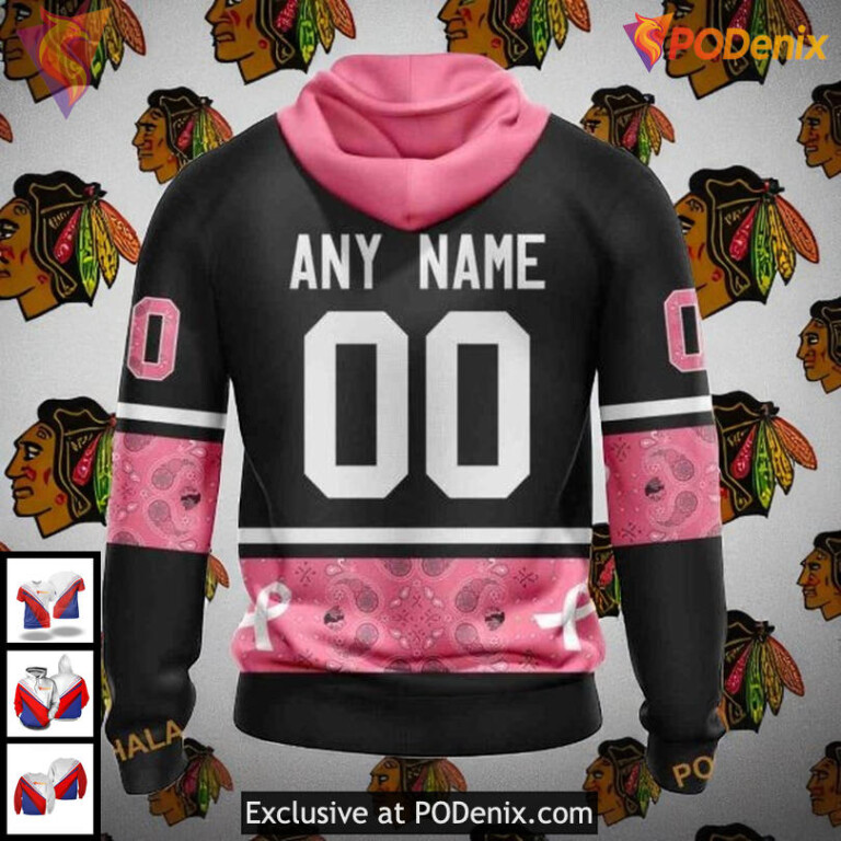 Womens Blackhawks Personalized Hoodie Classic Breast Cancer Awareness NHL 3D - 1