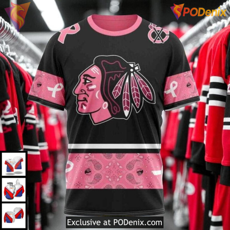 Womens Blackhawks Personalized Hoodie Classic Breast Cancer Awareness NHL 3D - 2