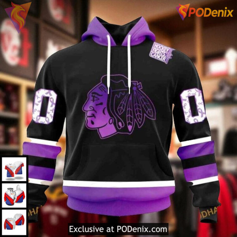 Womens Blackhawks Personalized Hoodie, Custom Cancer Awareness NHL 3D Design