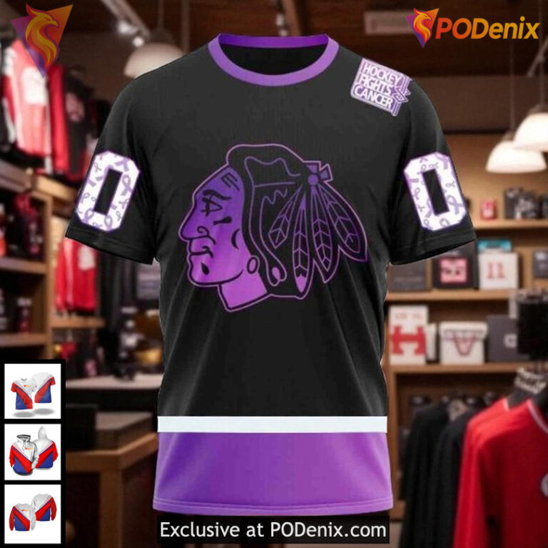 Womens Blackhawks Personalized Hoodie, Custom Cancer Awareness NHL 3D Design - 2