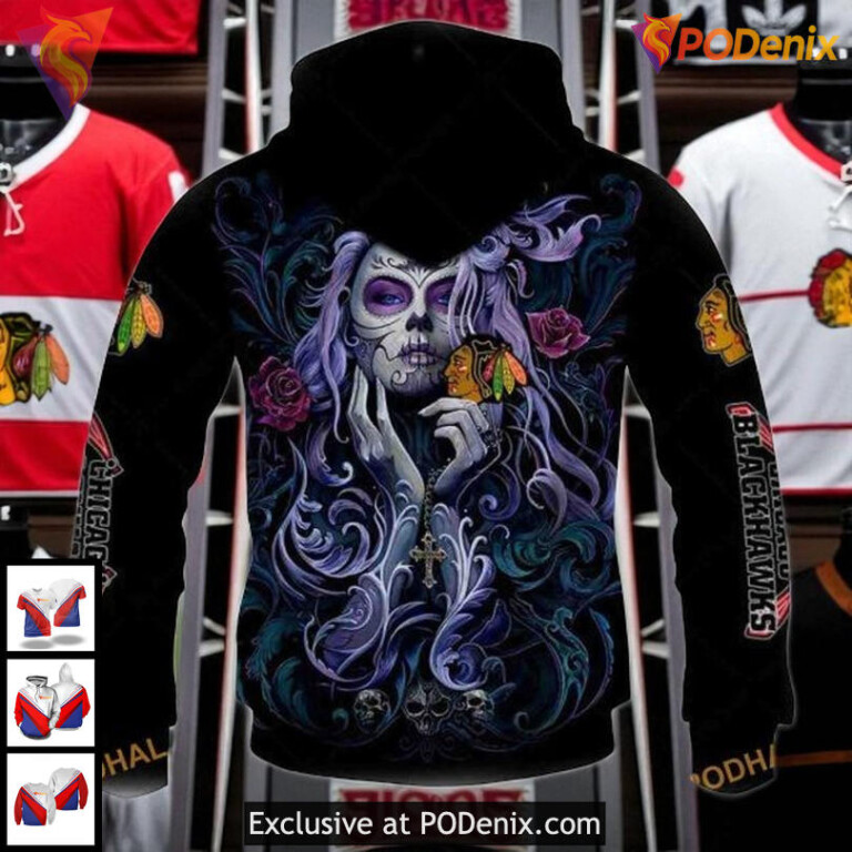 Womens Blackhawks Personalized Hoodie Tattoo Girl Artwork 2025 NHL 3D - 2