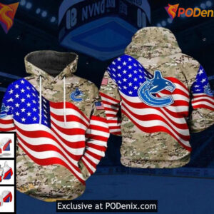 Womens Canucks Personalized Hoodie, NHL US Flag Veteran Camo 3D Design