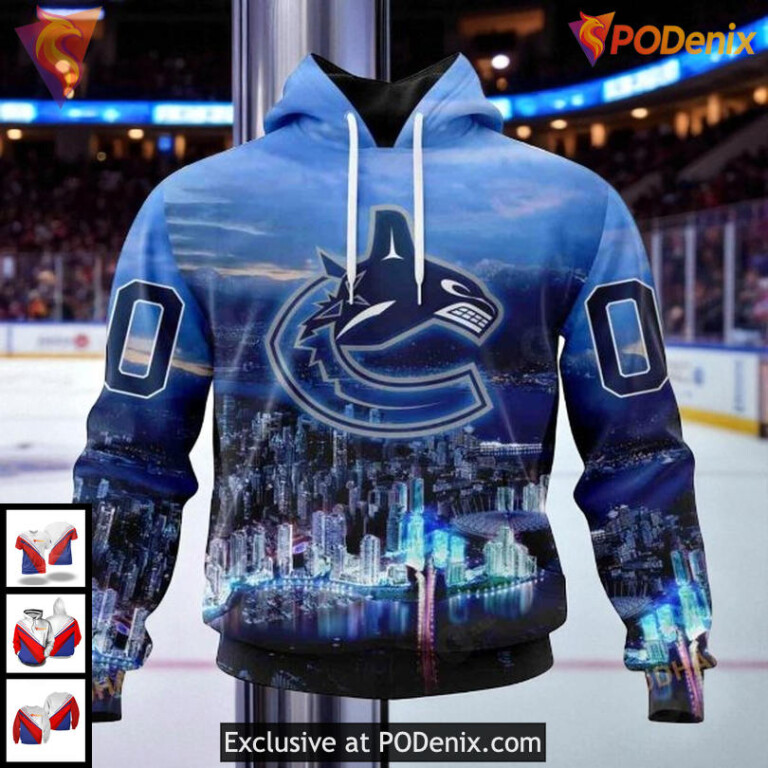 Womens Canucks Personalized Hoodie, NHL Vancouver Skyline 3D Design City Pride