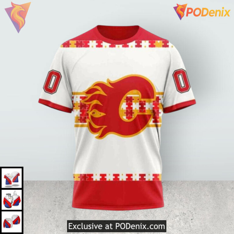 Autism Awareness Custom Name and Number Calgary Flames Hoodie 3D - 2