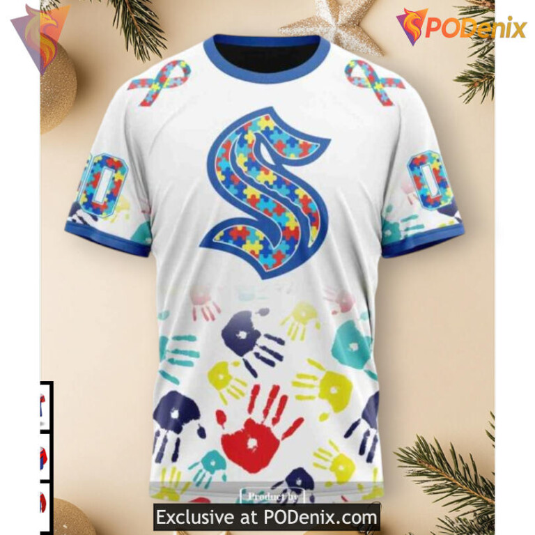 Autism Awareness Puzzle Theme Tribute Custom Number Seattle Kraken Hoodie 3D - 2