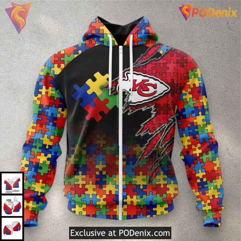 Autism Puzzle Logo Youth Kansas City Chiefs Hoodie, Awareness Fan Apparel