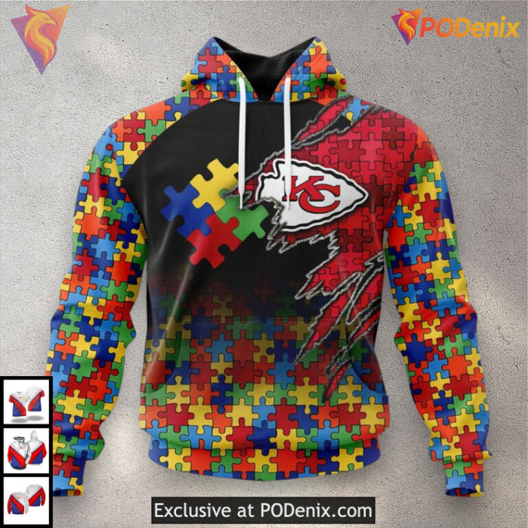 Autism Puzzle Logo Youth Kansas City Chiefs Hoodie, Awareness Fan Apparel - 1