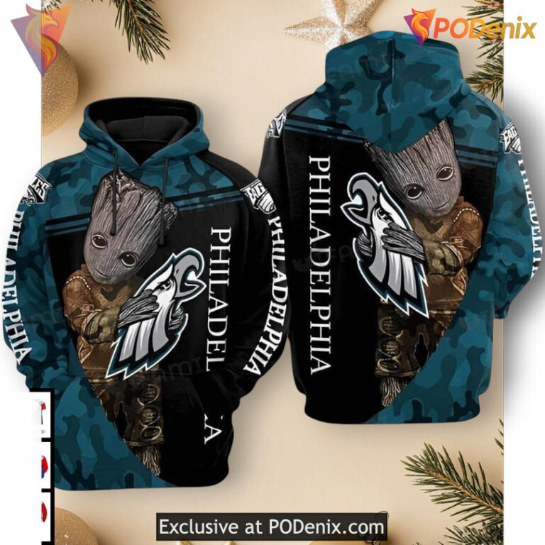Baby Groot Hugging Logo Style Philadelphia Eagles Hoodies Unisex Custom Apparel