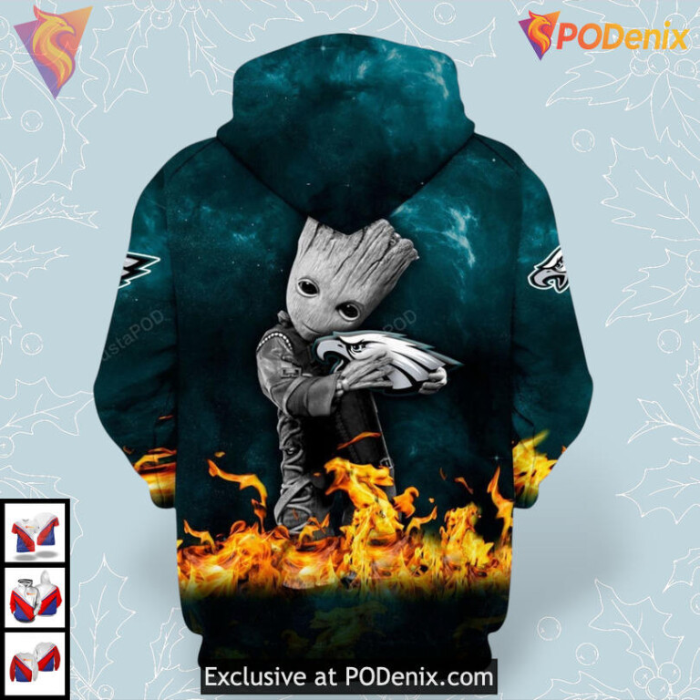 Baby Groot Themed Philadelphia Eagles Full Zip Hoodie 3D Cute Fan Apparel