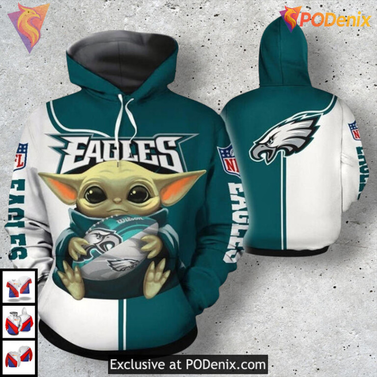 Baby Yoda Team Print Design Philadelphia Eagles Pullover Hoodie Youth 3D Apparel
