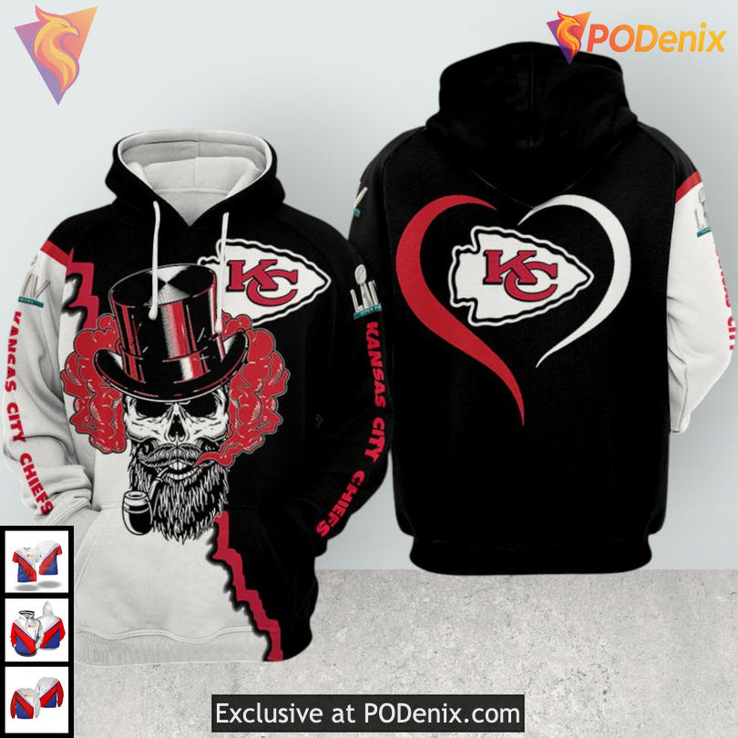 Black and White Skull Heart Kansas City Chiefs Hoodie, Custom Fan Edition Black and White Skull Heart Kansas City Chiefs Hoodie, Custom Fan Edition
