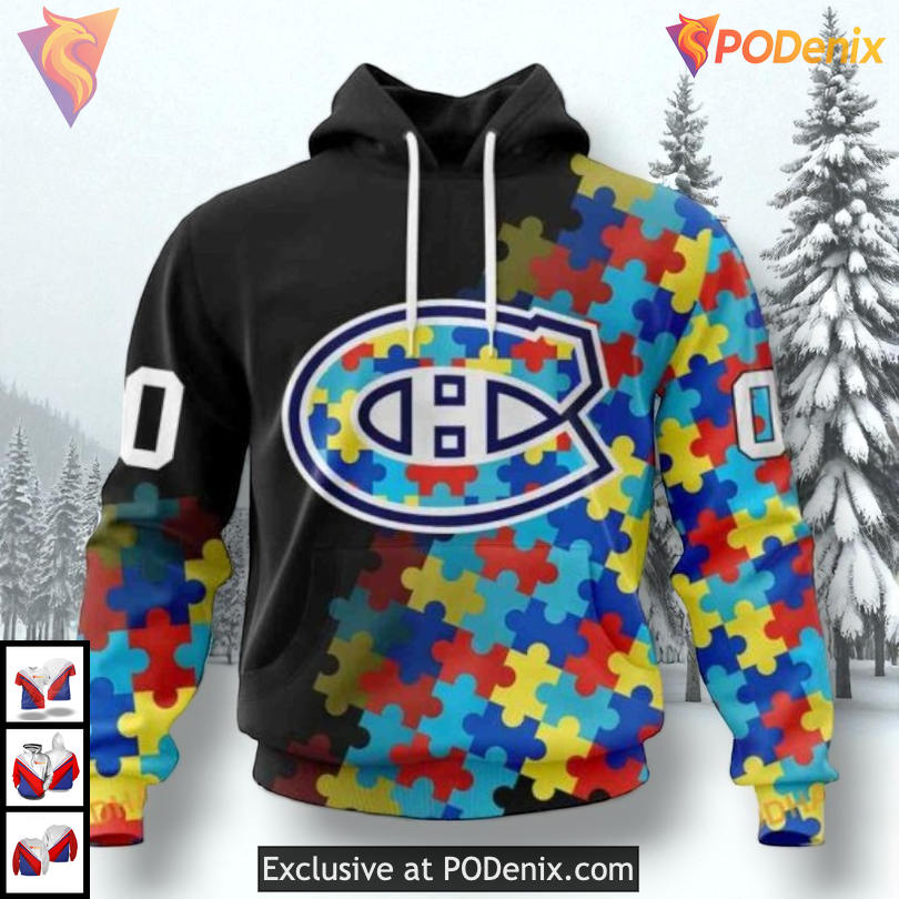 Black Autism Awareness Design NHL Montreal Canadiens Mens Hoodie 3D