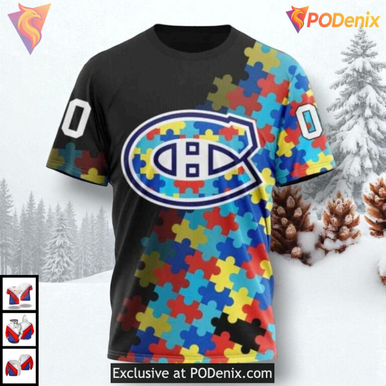 Black Autism Awareness Design NHL Montreal Canadiens Mens Hoodie 3D - 2