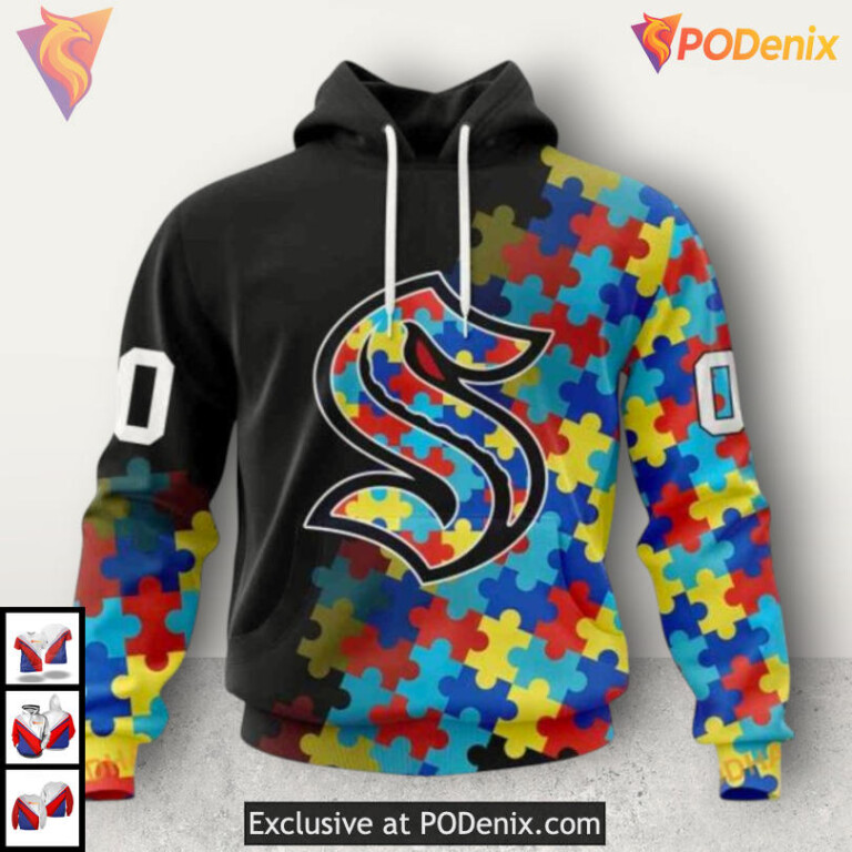 Black Autism Awareness Graphic NHL Seattle Kraken Womens Hoodie 3D