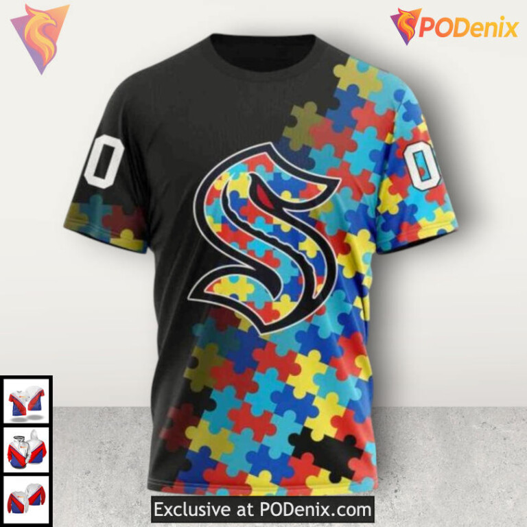 Black Autism Awareness Graphic NHL Seattle Kraken Womens Hoodie 3D - 2