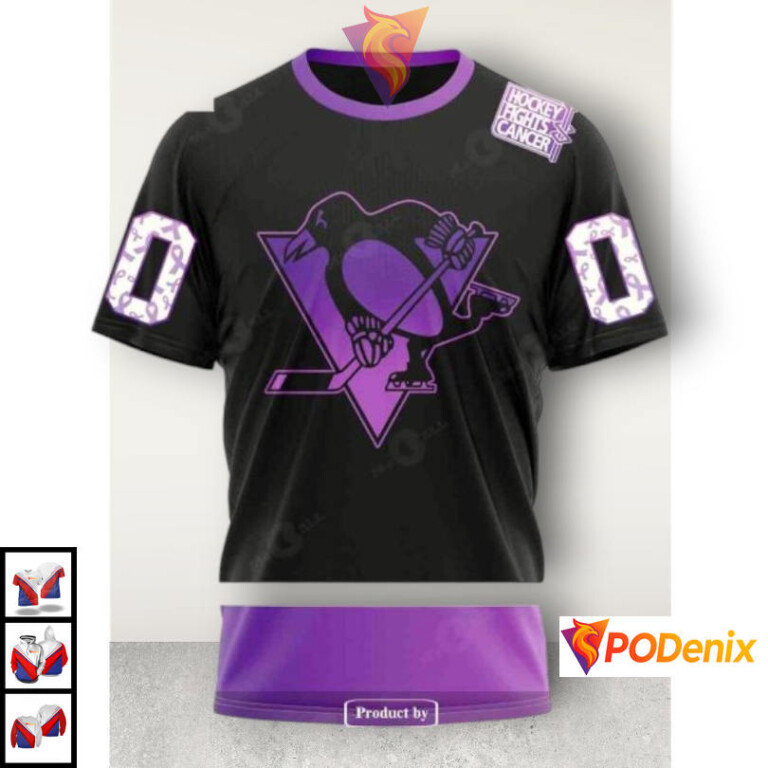 Black Hockey Fights Cancer Awareness Personalized Pittsburgh Penguins Hoodie NHL 3D - 2