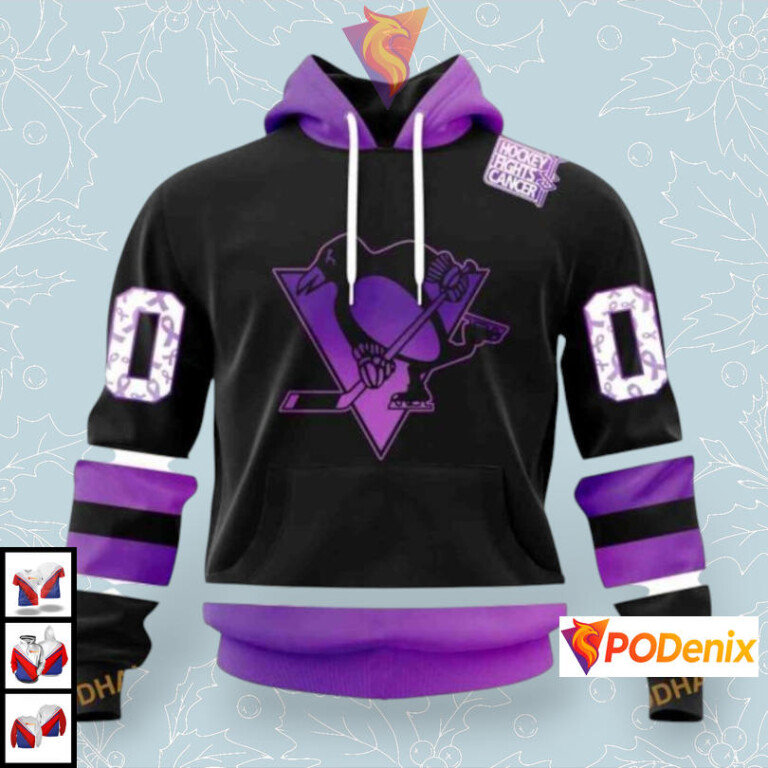 Black Hockey Fights Cancer Edition Custom Pittsburgh Penguins Kids Hoodie NHL 3D
