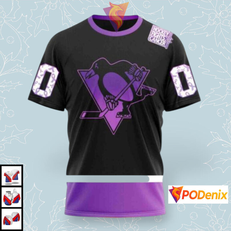 Black Hockey Fights Cancer Edition Custom Pittsburgh Penguins Kids Hoodie NHL 3D - 2
