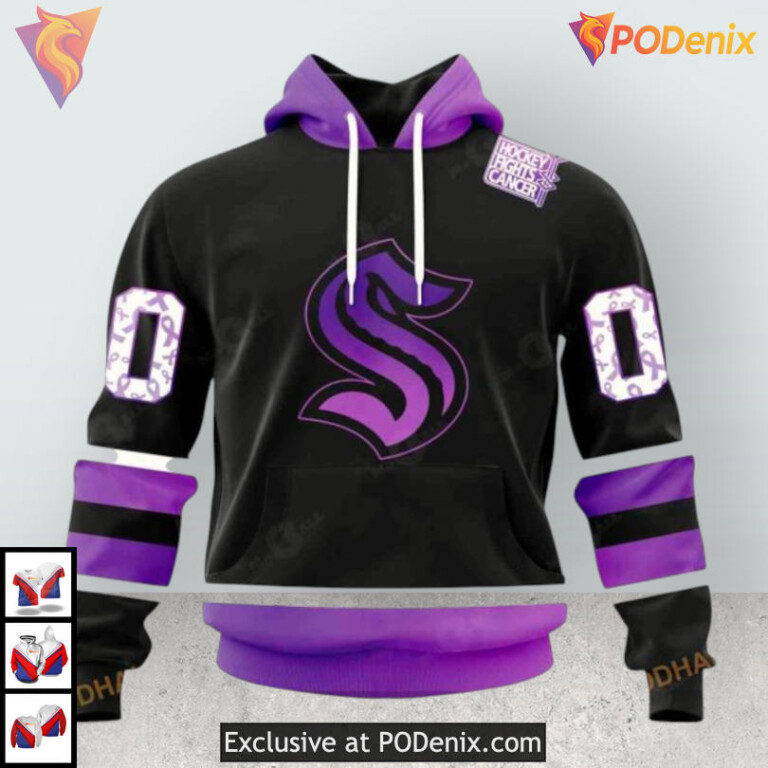 Black Hockey Fights Cancer Edition Custom Seattle Kraken Unisex Hoodie 3D